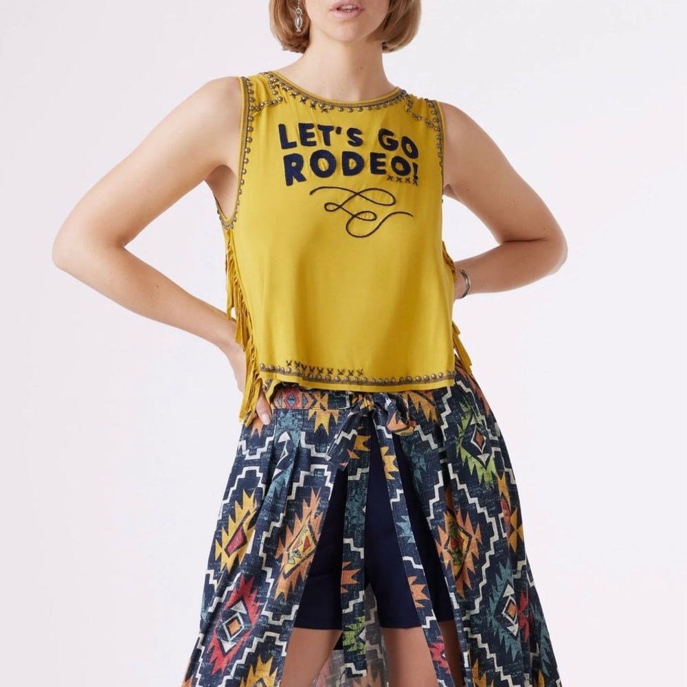 Double D Ranch Mustard Yellow 'Let's Go Rodeo' Fringe Tank